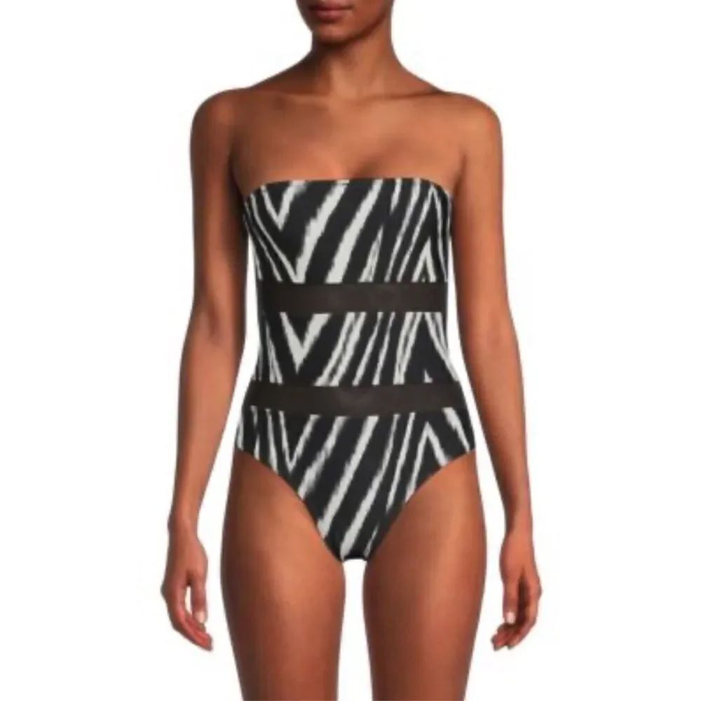 DKNY Zebra Print Strapless One Piece Swimsuit Black White Size 10